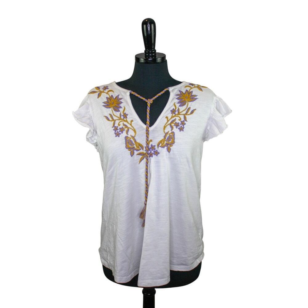 Keep In Touch Embroidered Peasant Top Floral Purple Gold Ruffle Boho S